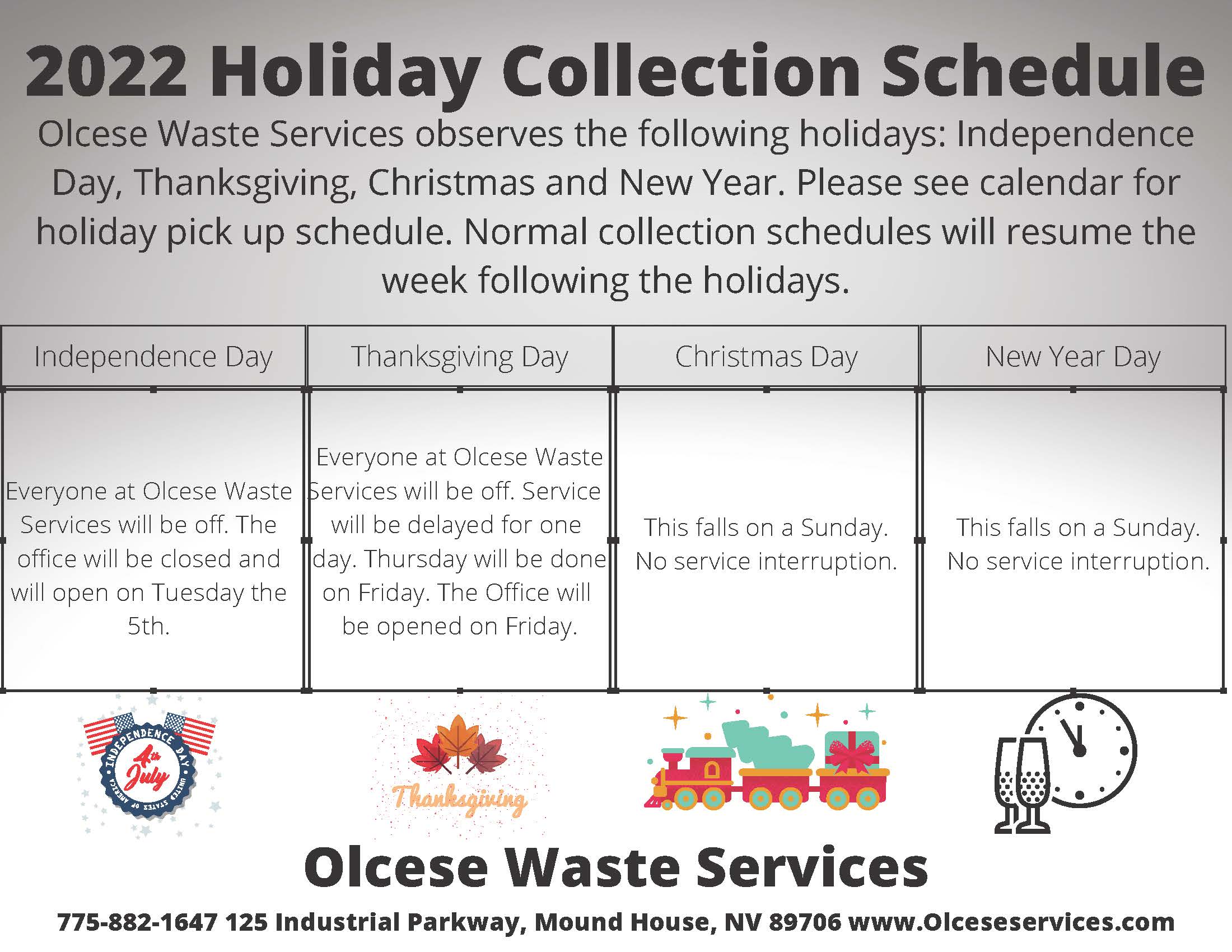 Olcese Waste Holiday schedule-Eureka